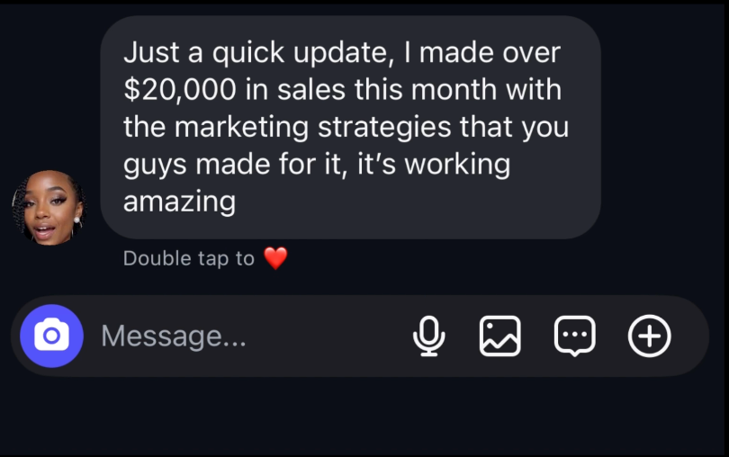 DM testimonial about 20k sales